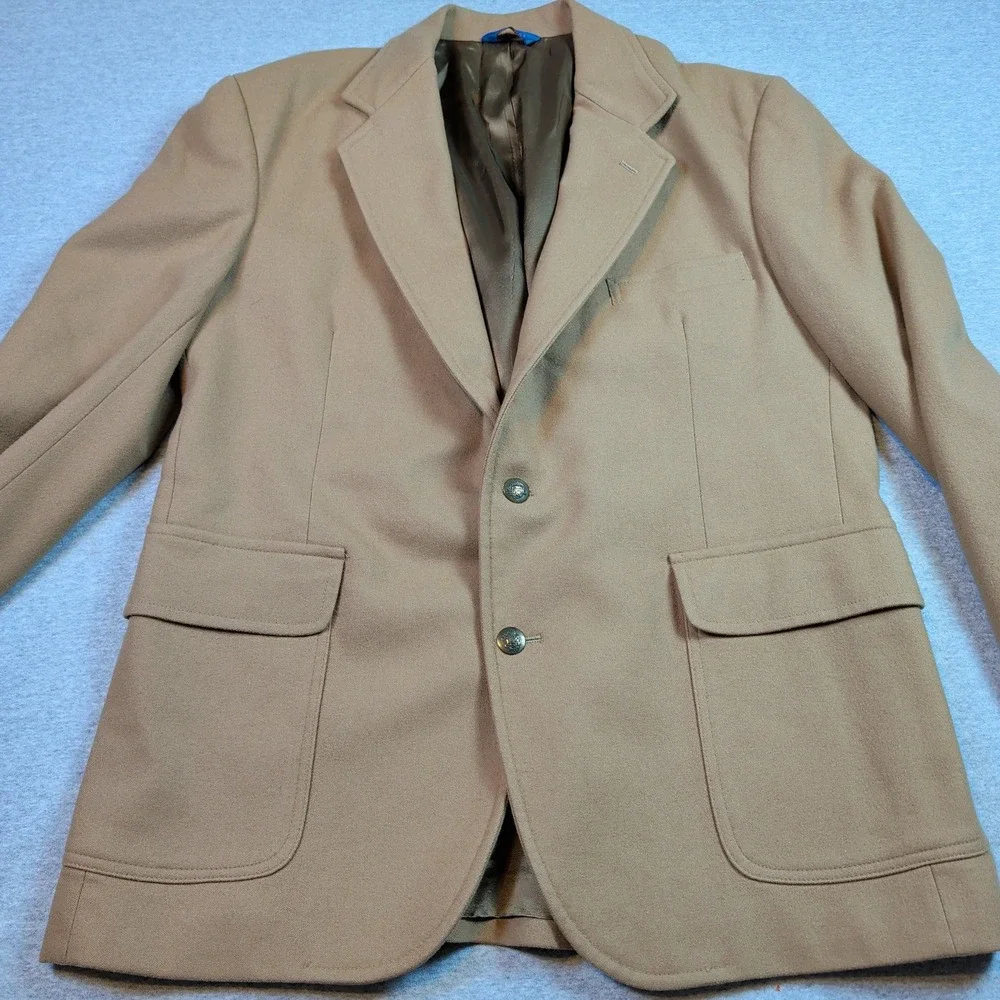 Pendleton Mens 42 Virgin Wool Blazer Camel Tan Crest Button Sport Coat USA Made